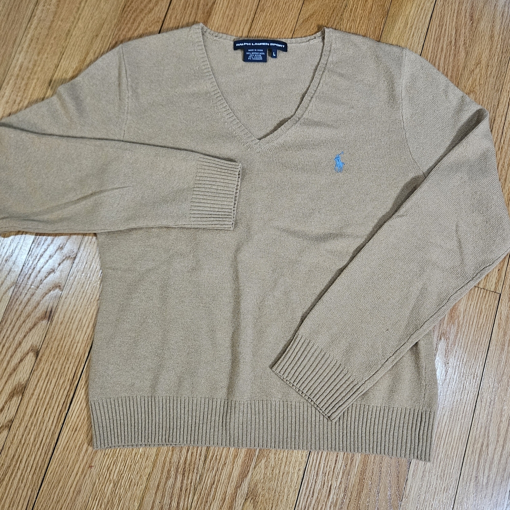 Vtg Ralph Lauren Sport Wool/Cashmere Blend Taupe V Neck Sweater, Size Large